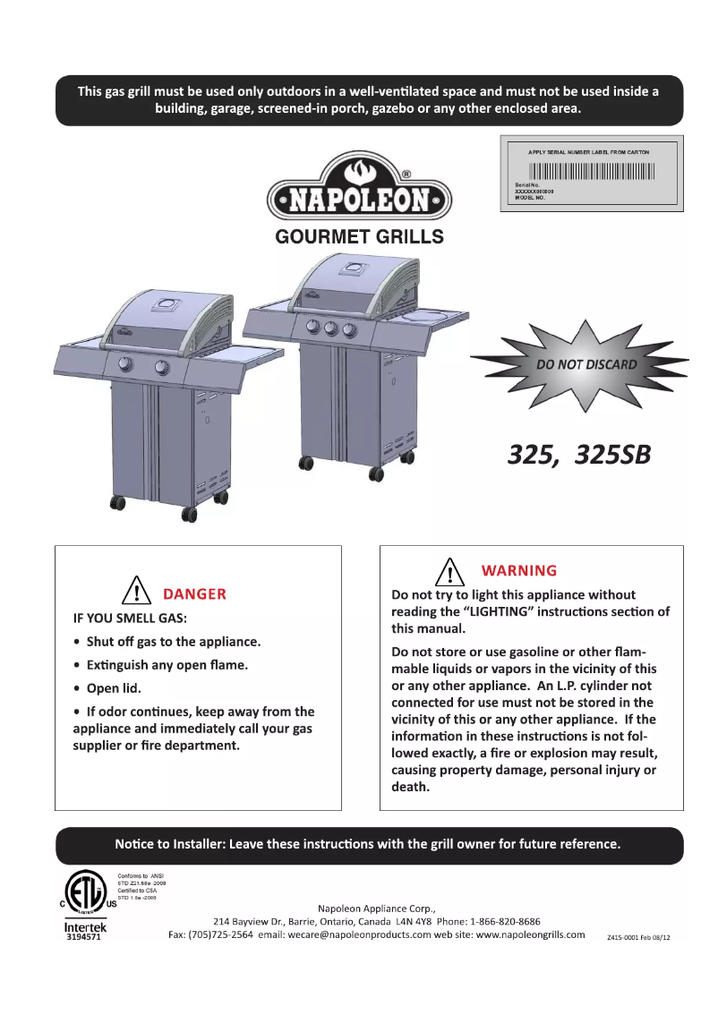 Page n°1 - Manuel utilisateur Napoleon SE 325