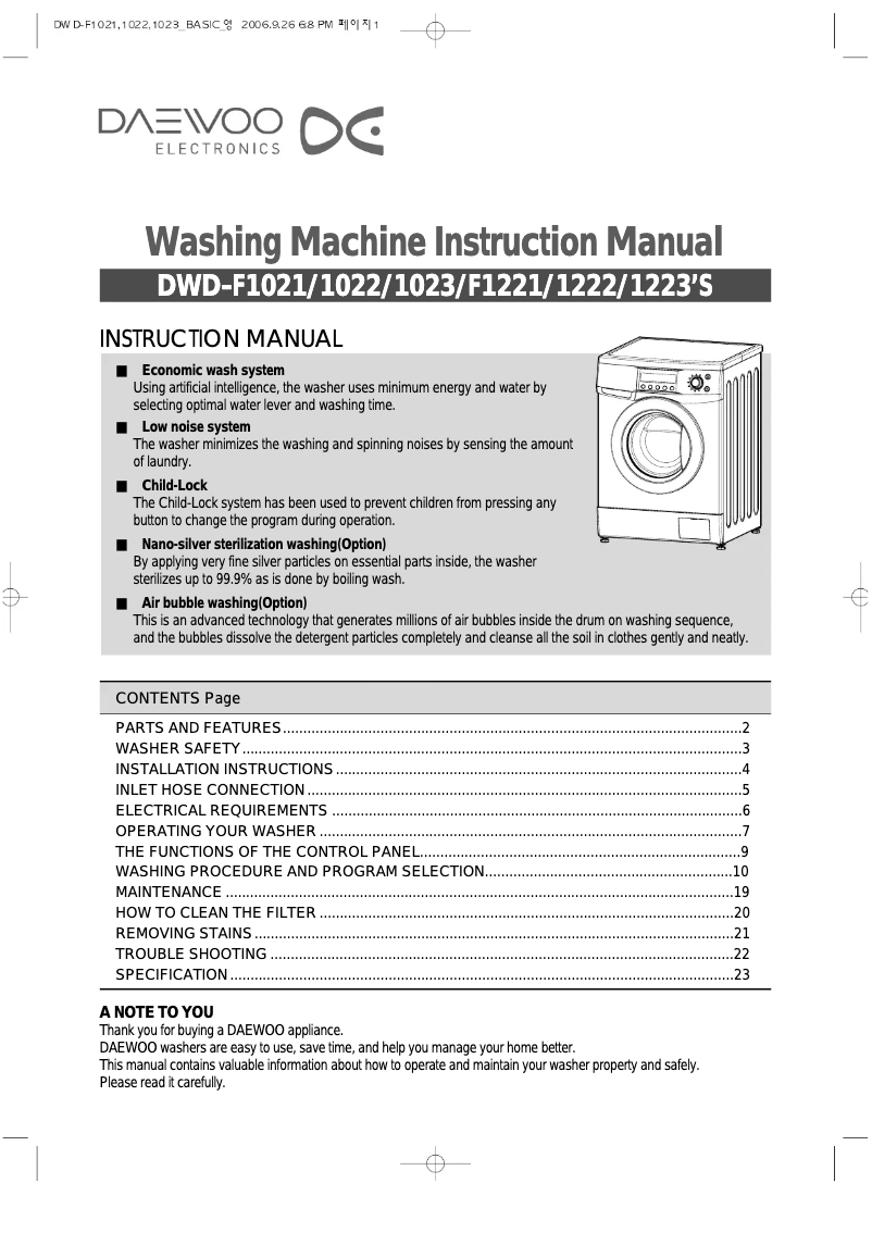 Page 1 de la notice Manuel utilisateur Daewoo DWD-F1223