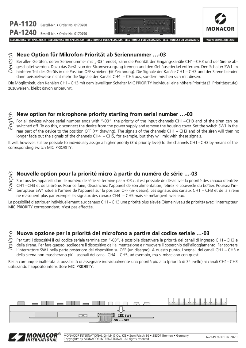 Page 1 de la notice Manuel utilisateur Monacor PA-4000PTT