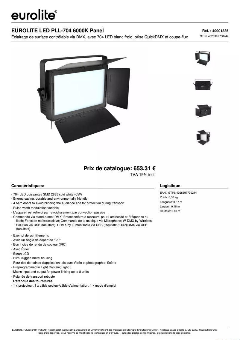 Page 1 de la notice Fiche technique Eurolite LED PLL-704