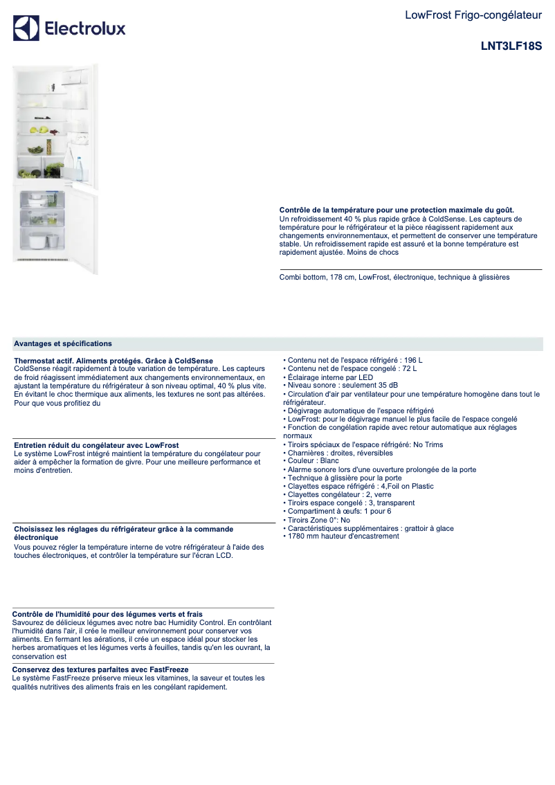Page 1 de la notice Fiche technique Electrolux LNT3LF18S