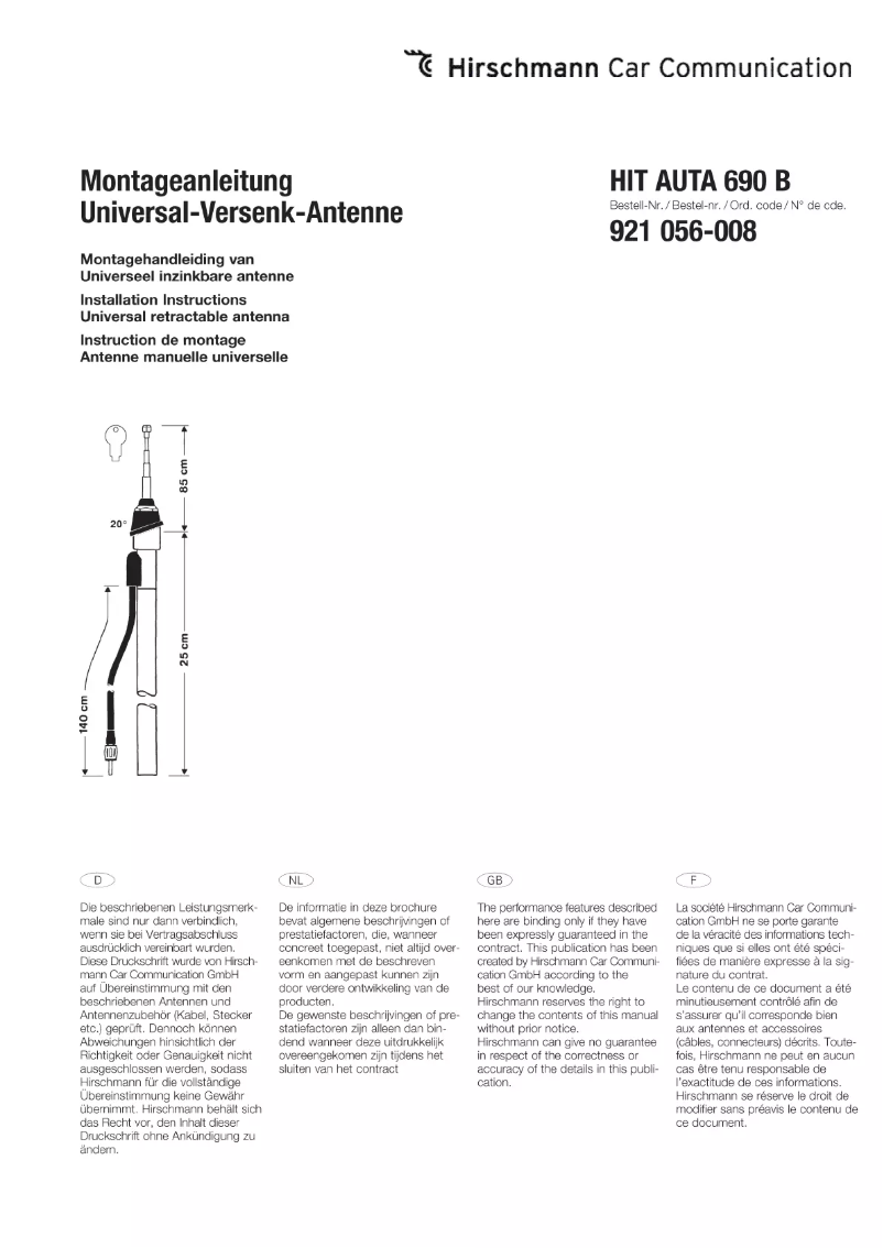 Page 1 de la notice Manuel utilisateur Hirschmann HIT AUTA 690 B