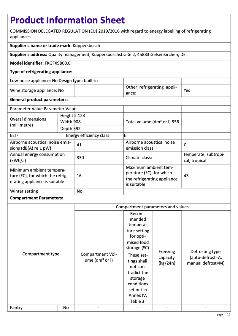 Page 1 de la notice Fiche technique Küppersbusch FKGFX9800.0i
