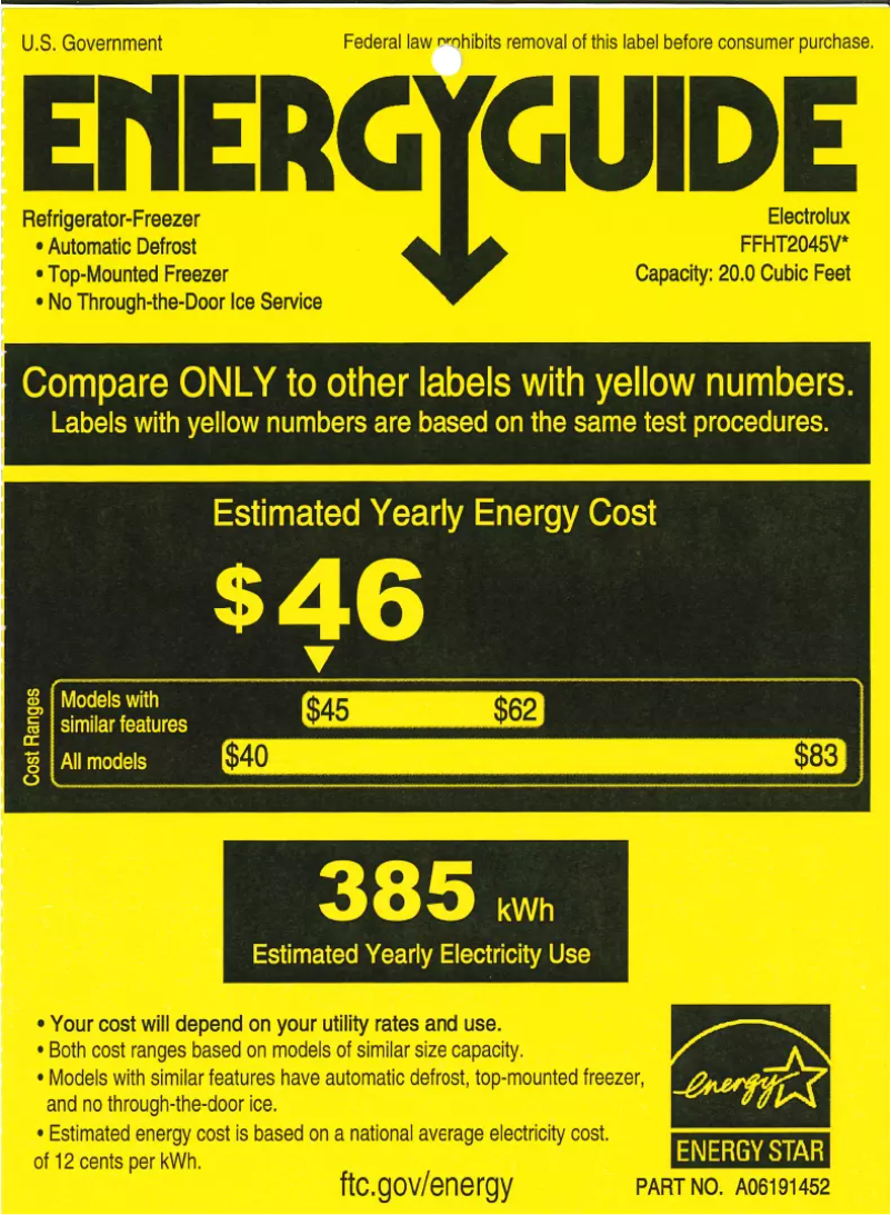 Página 1 del manual Etiqueta energética Frigidaire FFHT2045VW
