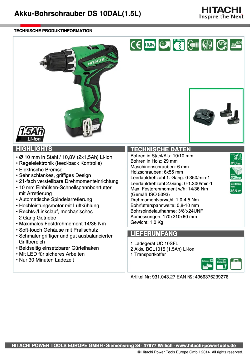 Page 1 de la notice Fiche technique Hitachi DS 10DAL