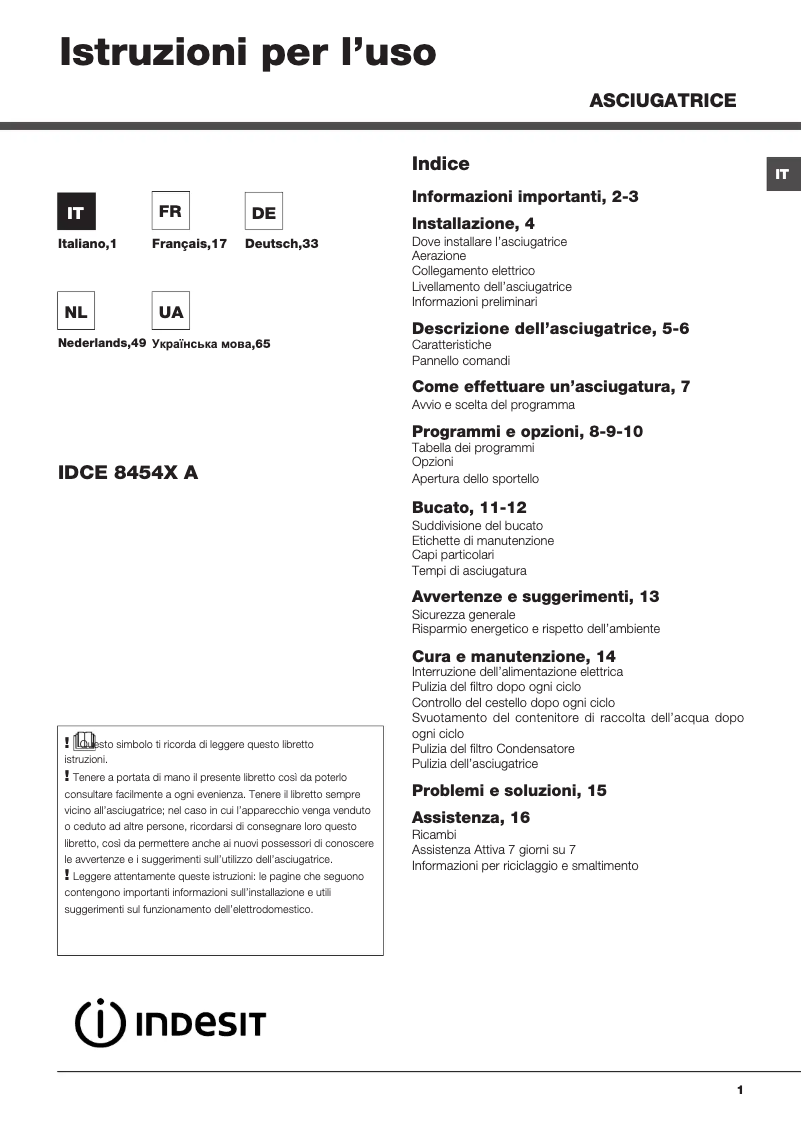 Page 1 de la notice Manuel utilisateur Indesit IDCE 8454X A