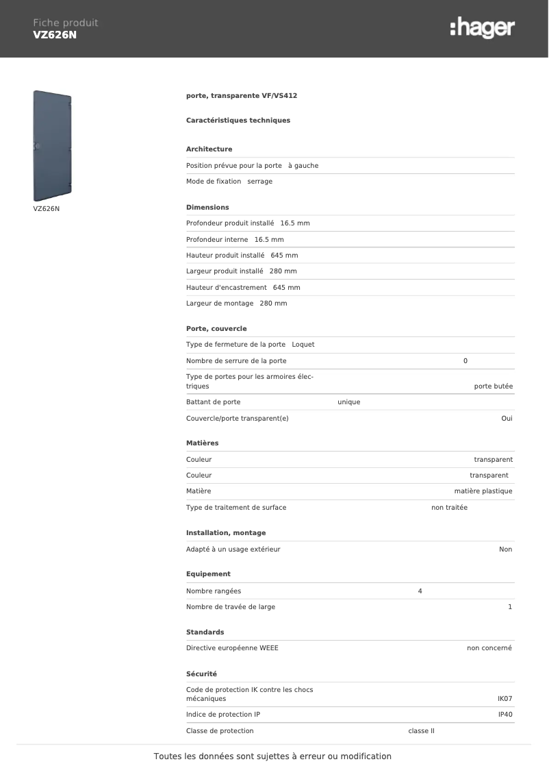 Page 1 de la notice Fiche technique Hager VZ626N