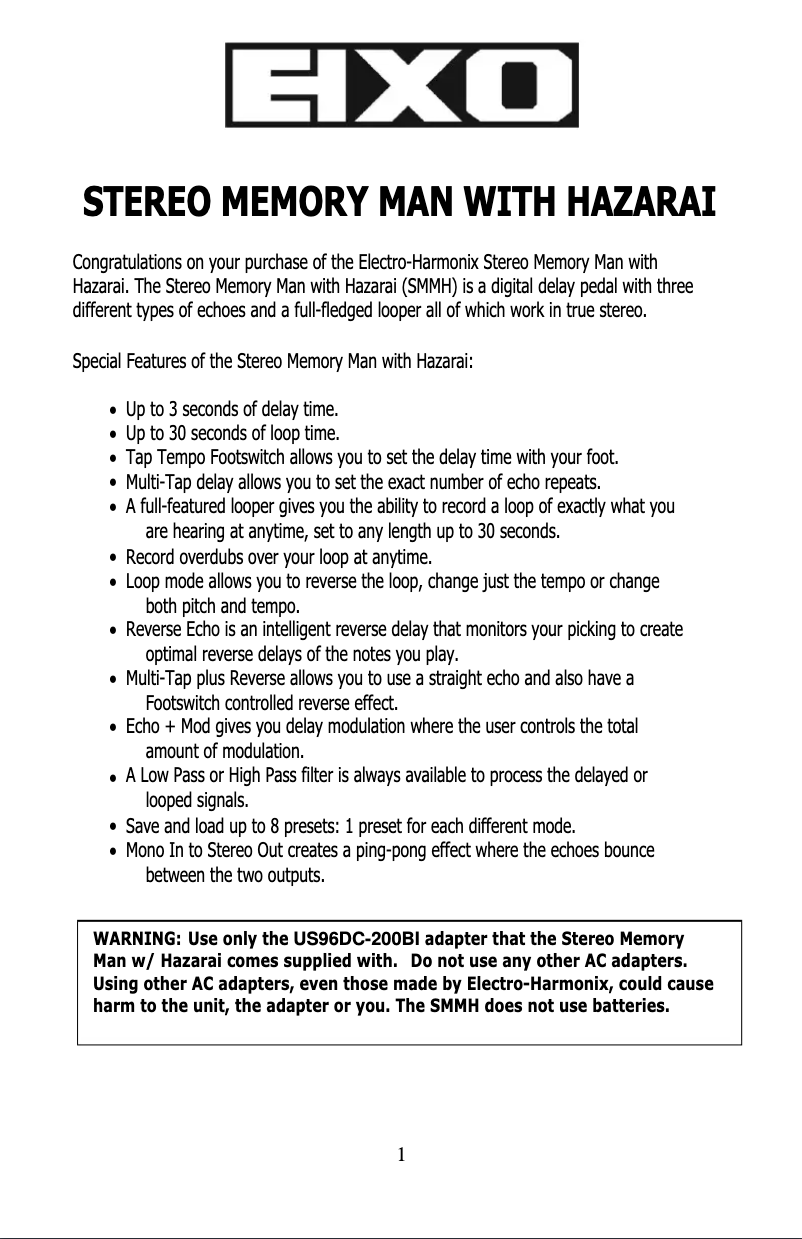 Page 1 de la notice Manuel utilisateur Electro Harmonix Stereo Memory Man with Hazarai