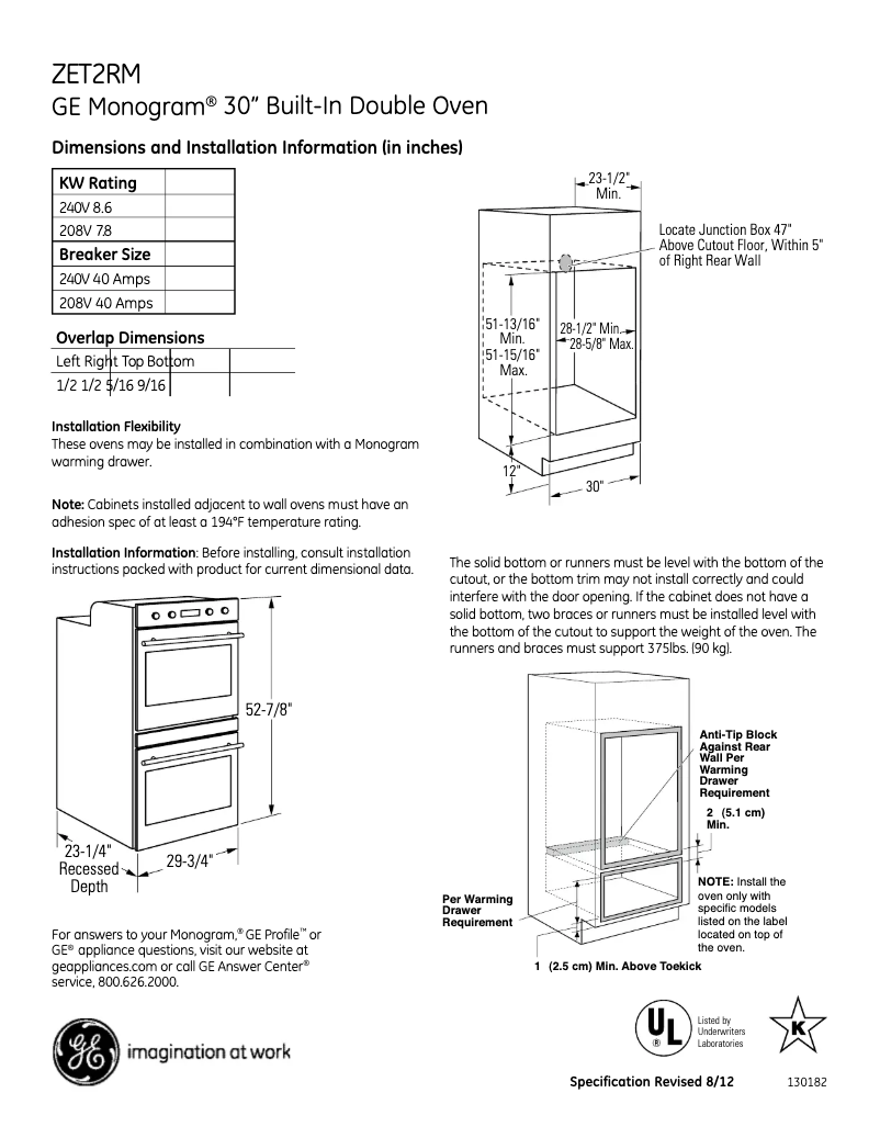 Page 1 de la notice Fiche technique GE ZET2RMSS