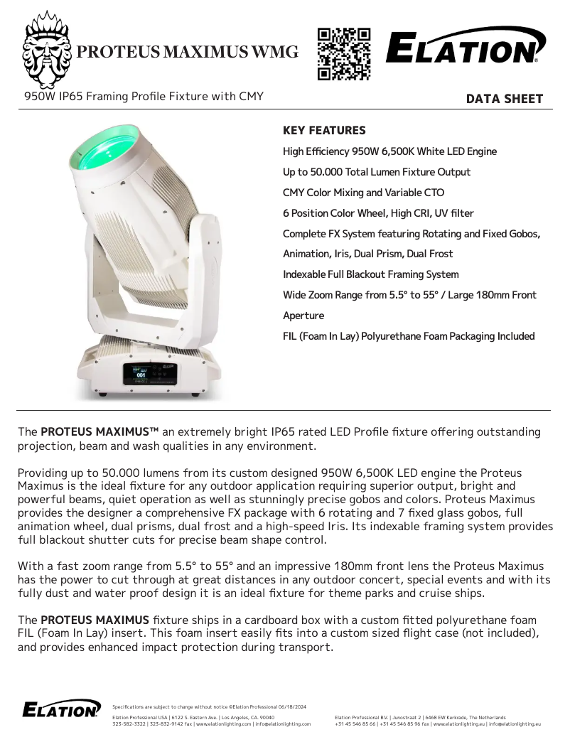 Page 1 de la notice Fiche technique Elation Proteus Maximus WMG
