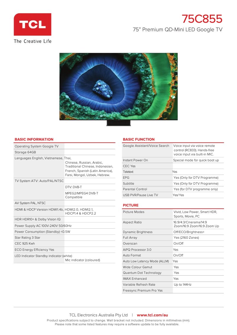 Página 1 del manual Ficha técnica TCL 75C855