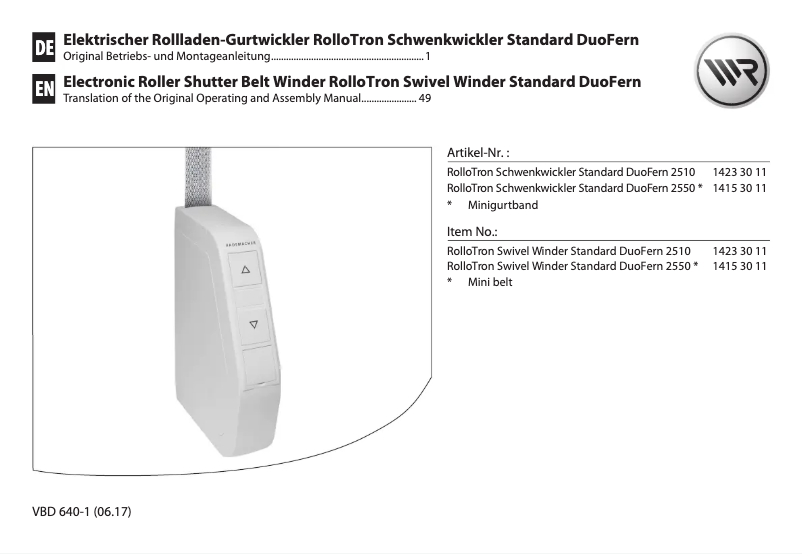 Page 1 de la notice Manuel utilisateur RADEMACHER RolloTron Standard DuoFern 2510