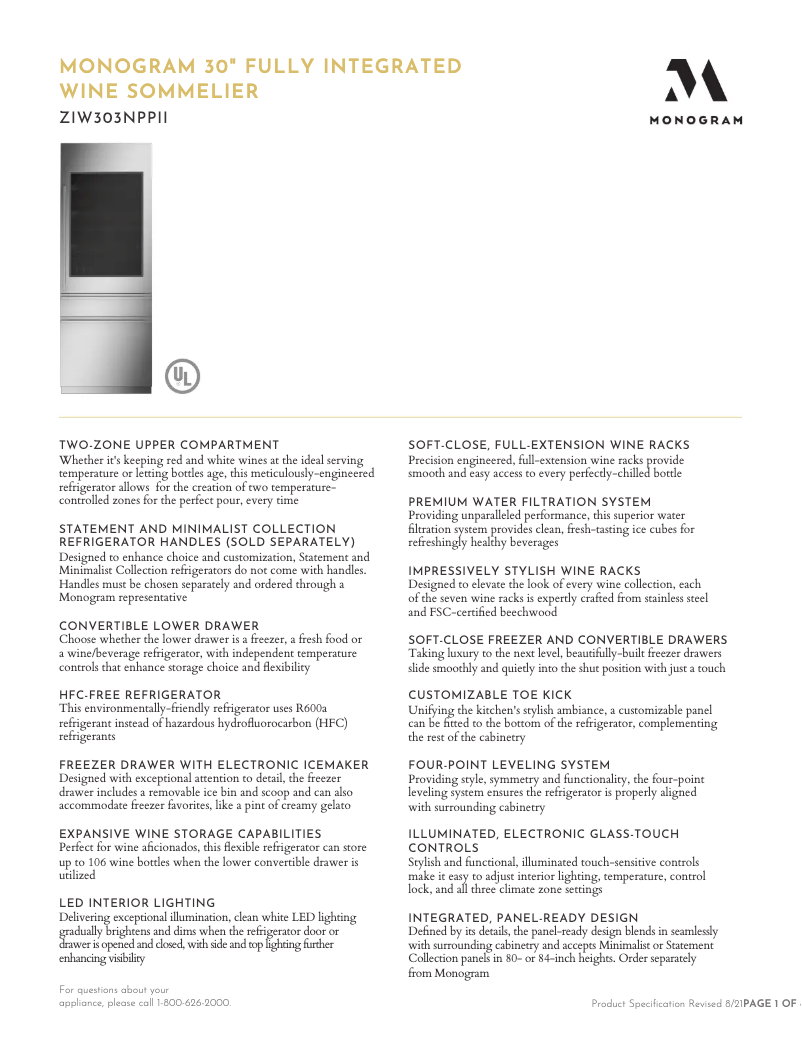 Page 1 de la notice Fiche technique Monogram ZIW303NPPII