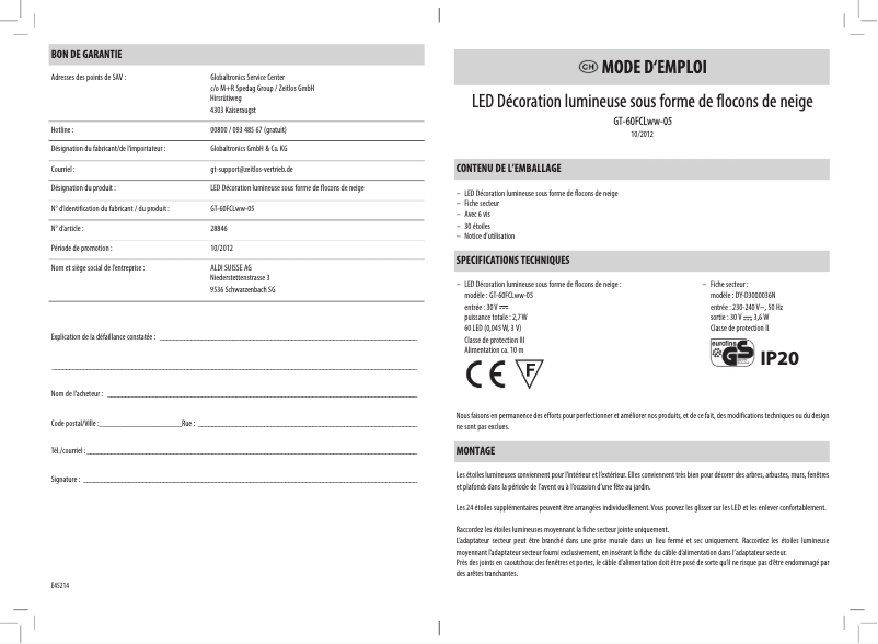 Page 1 de la notice Manuel utilisateur GlobalTronics GT-60SCLww-05