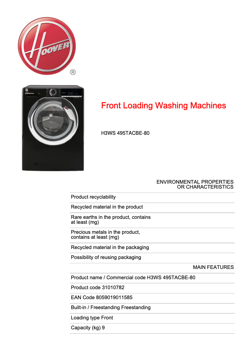 Page 1 de la notice Fiche technique Hoover H3WS 495TACBE-80
