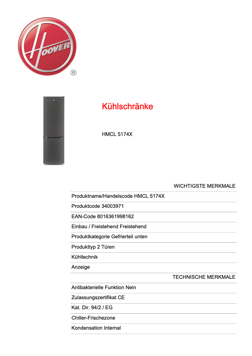 Page n°1 - Fiche technique Hoover H-FRIDGE 300 HMCL 5172BWDK