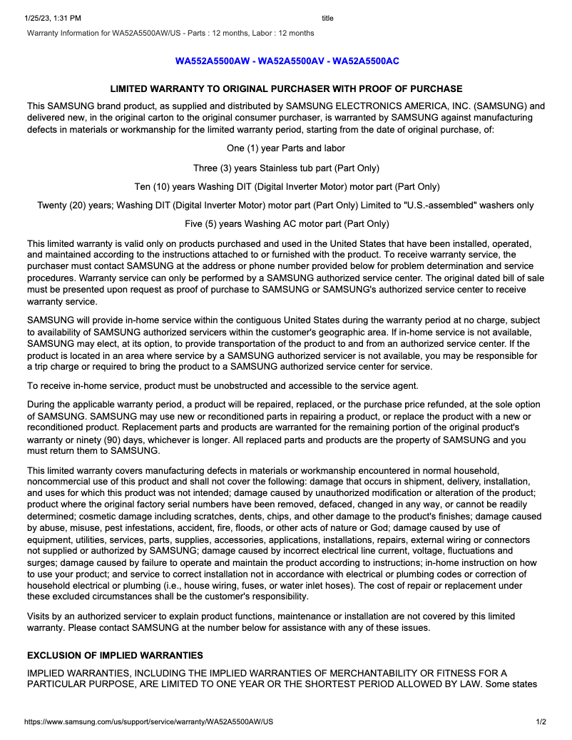 Page 1 de la notice Informations de garantie Samsung WA52A5500AW