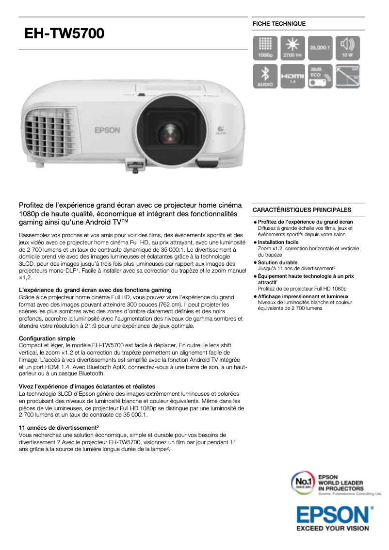 Page 1 de la notice Manuel utilisateur Epson EH-TW5700