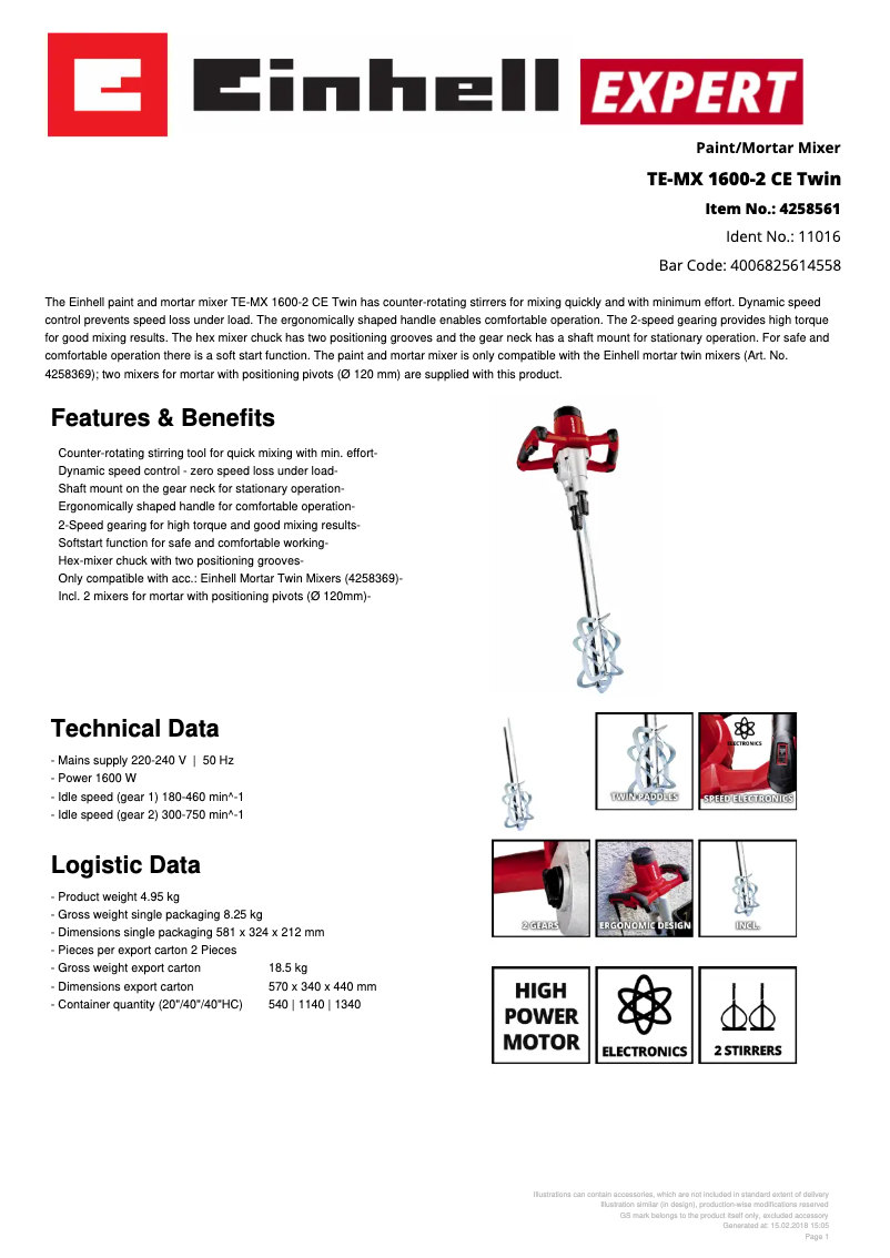 Page 1 de la notice Fiche technique Einhell TE-MX 1600-2 CE Twin