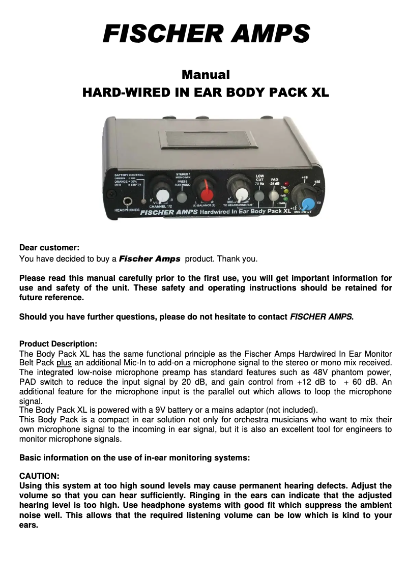 Page n°1 - Manuel utilisateur Fischer Amps Hardwired In Ear Body Pack XL