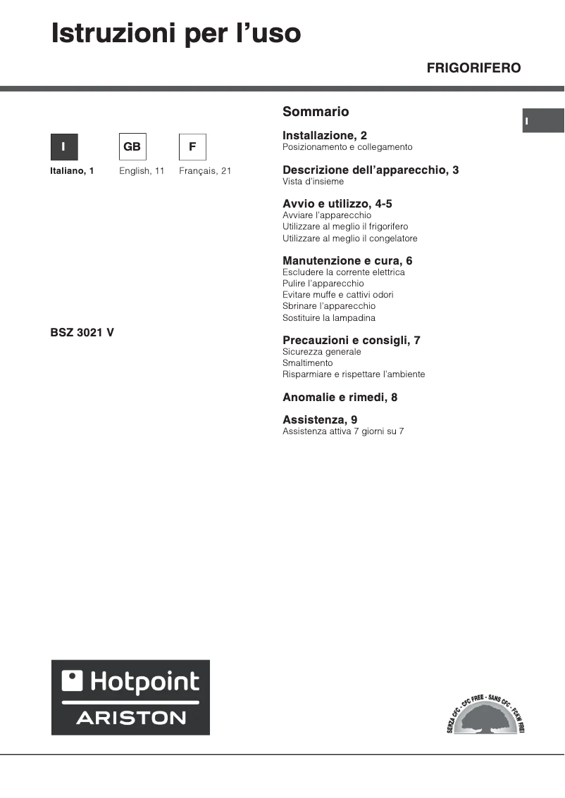 Page 1 de la notice Manuel utilisateur Hotpoint Ariston BSZ 3021 V