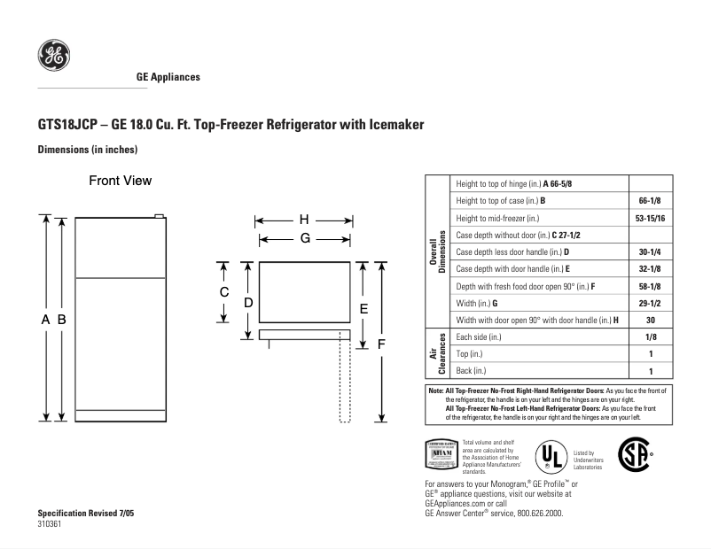 Page 1 de la notice Fiche technique GE GTS18JCPBB