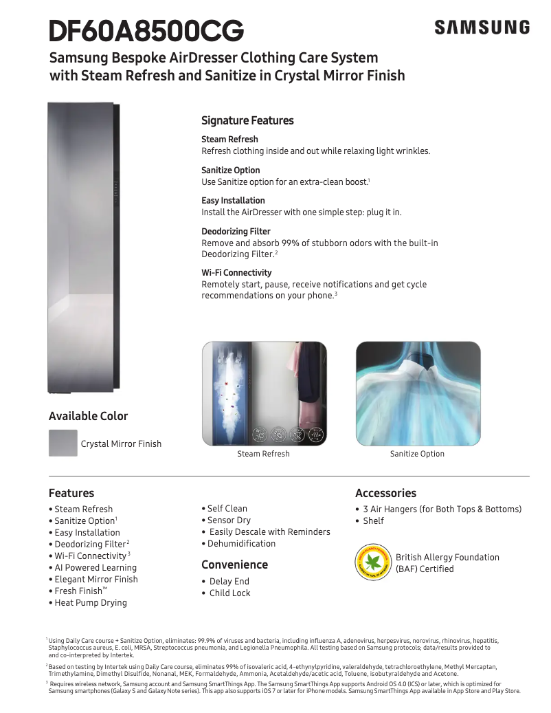 Page 1 de la notice Fiche technique Samsung DF60A8500CG