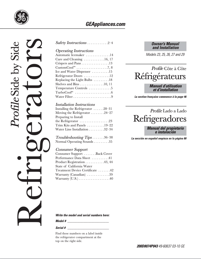 Page n°1 - Manuel utilisateur GE PSSS3RGZSS