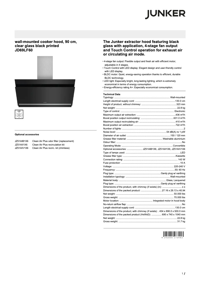 Page 1 de la notice Fiche technique Junker JD69LF60