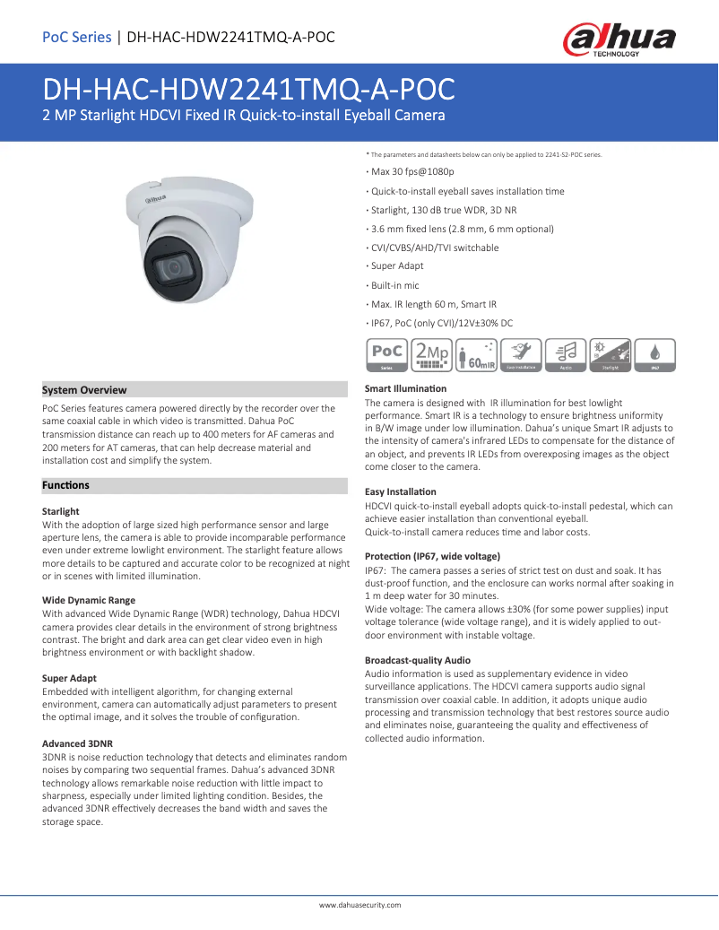 Page n°1 - Fiche technique Dahua Technology HAC-HDW2241TMQ-A-POC