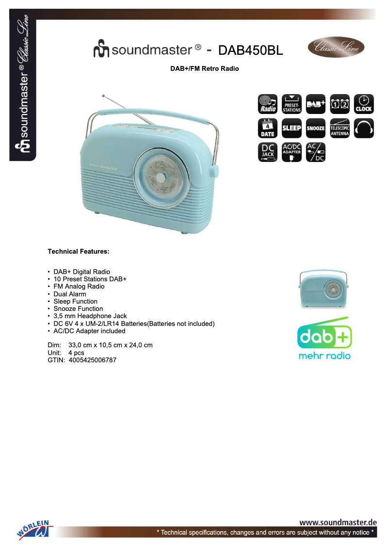 Page n°1 - Fiche technique Soundmaster DAB450