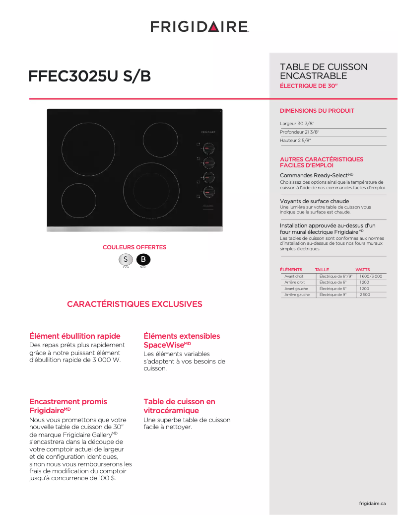 Page n°1 - Fiche technique Frigidaire FFEC3025UB
