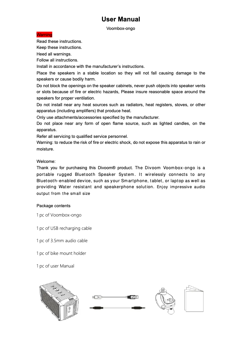 Page 1 de la notice Manuel utilisateur Divoom Voombox-ongo