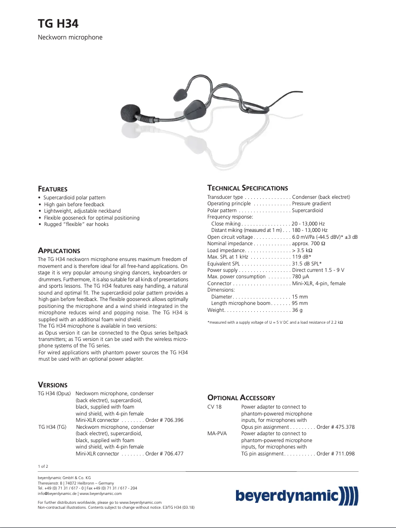 Page 1 de la notice Fiche technique Beyerdynamic TG H34