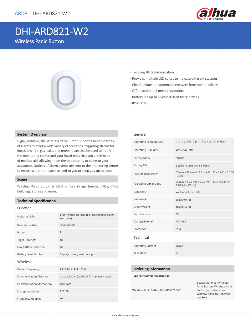 Page n°1 - Fiche technique Dahua Technology ARD821-W2