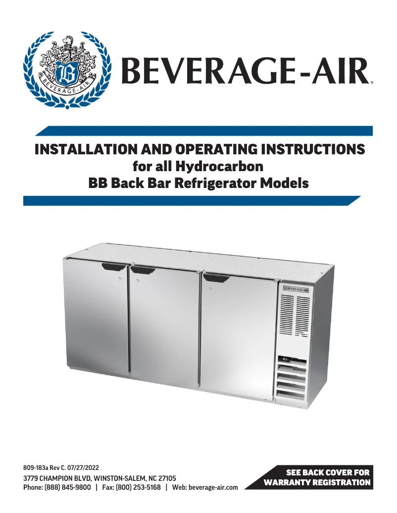 Page 1 de la notice Manuel utilisateur Beverage-Air BB72HC-1-F-PT-B