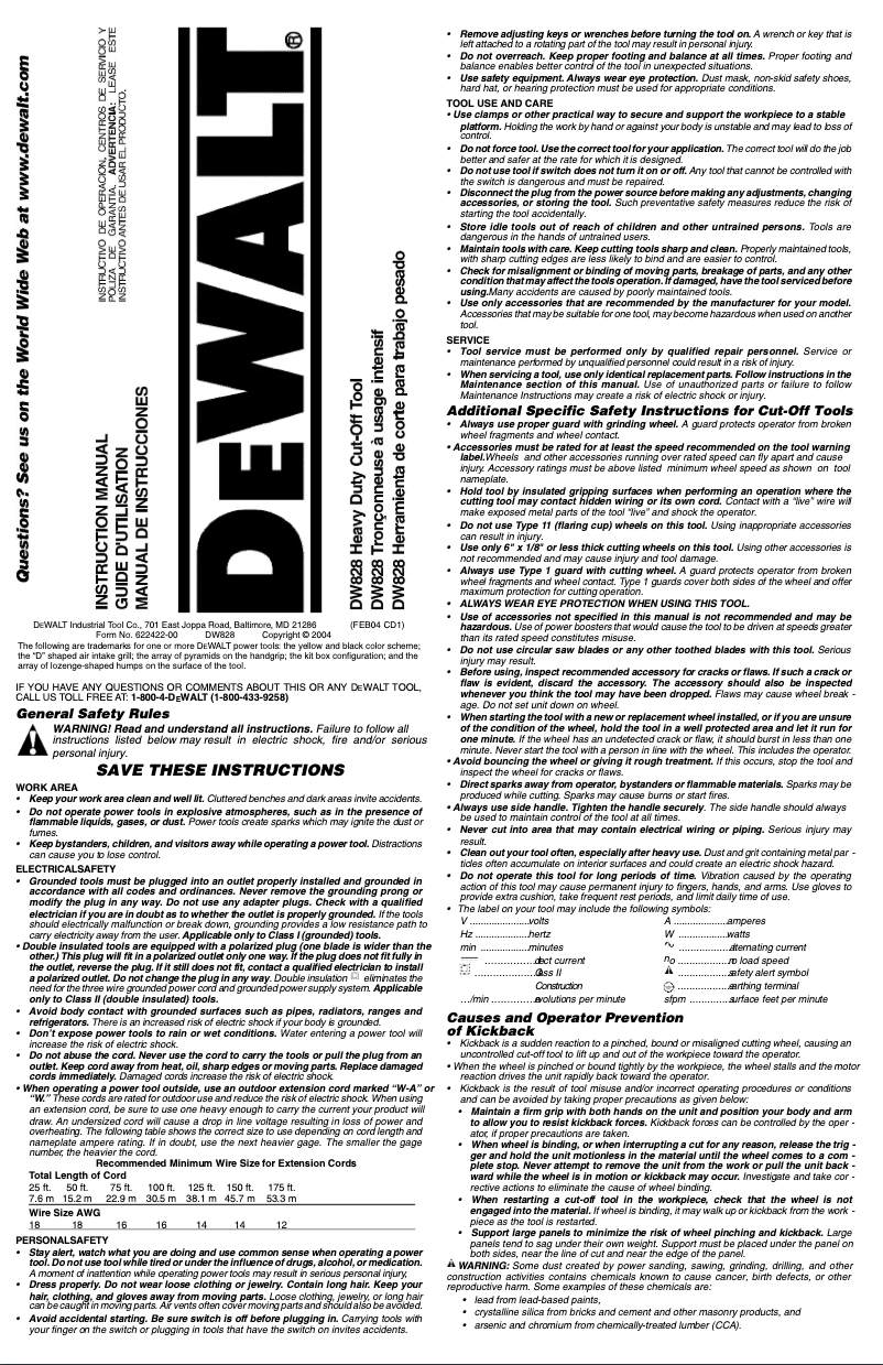Page n°1 - Manuel utilisateur DeWalt DW828