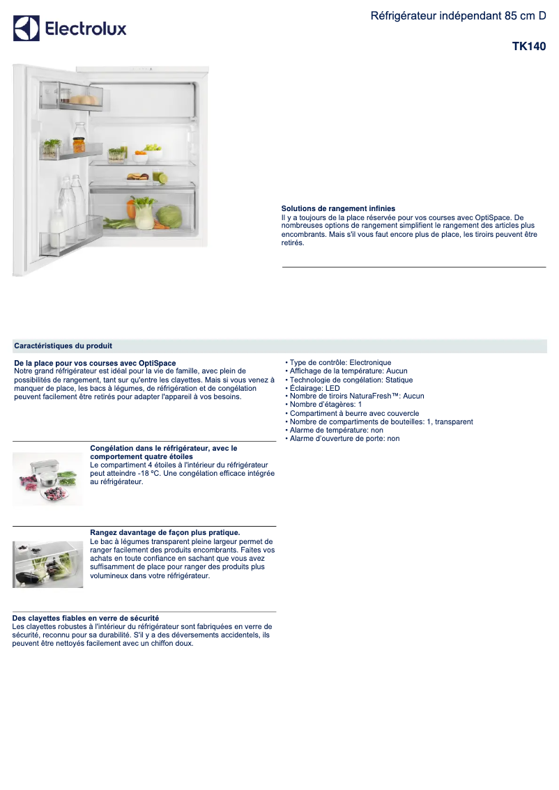 Page 1 de la notice Fiche technique Electrolux TK140