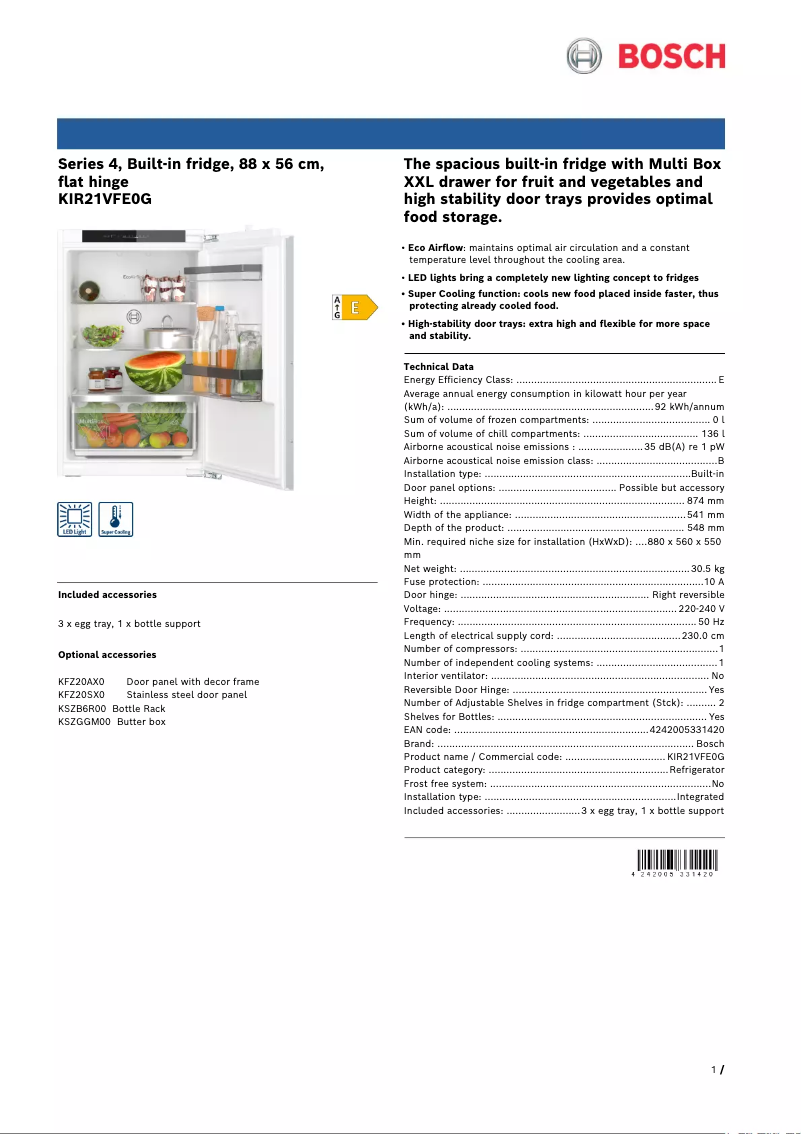 Page n°1 - Fiche technique Bosch Serie 4 KIR21VFE0G