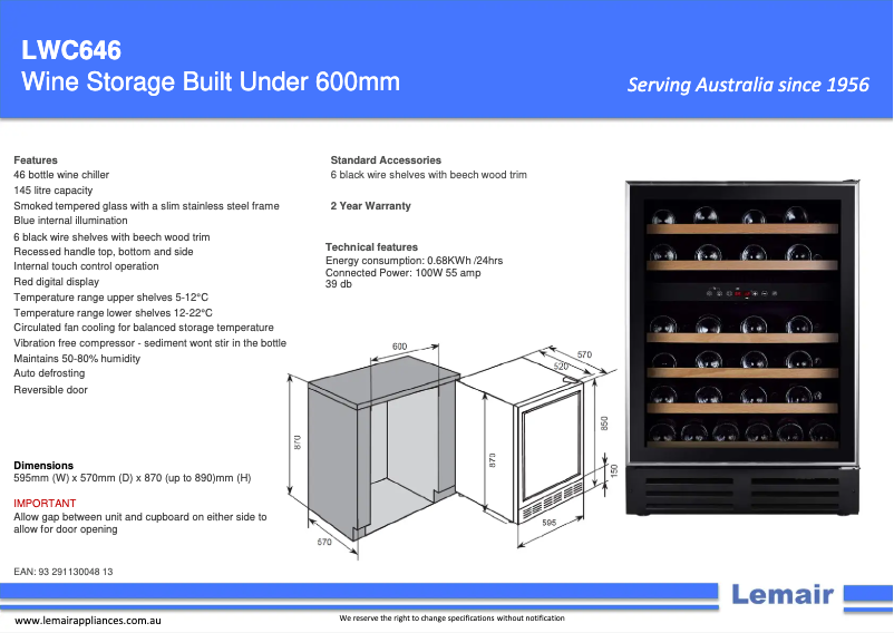 Page 1 de la notice Fiche technique Lemair LWC646