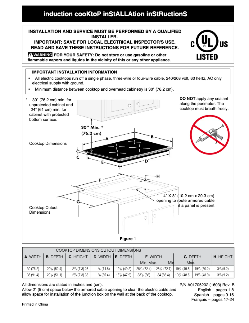 Page n°1 - Guide d'installation Frigidaire FPIC3077RF