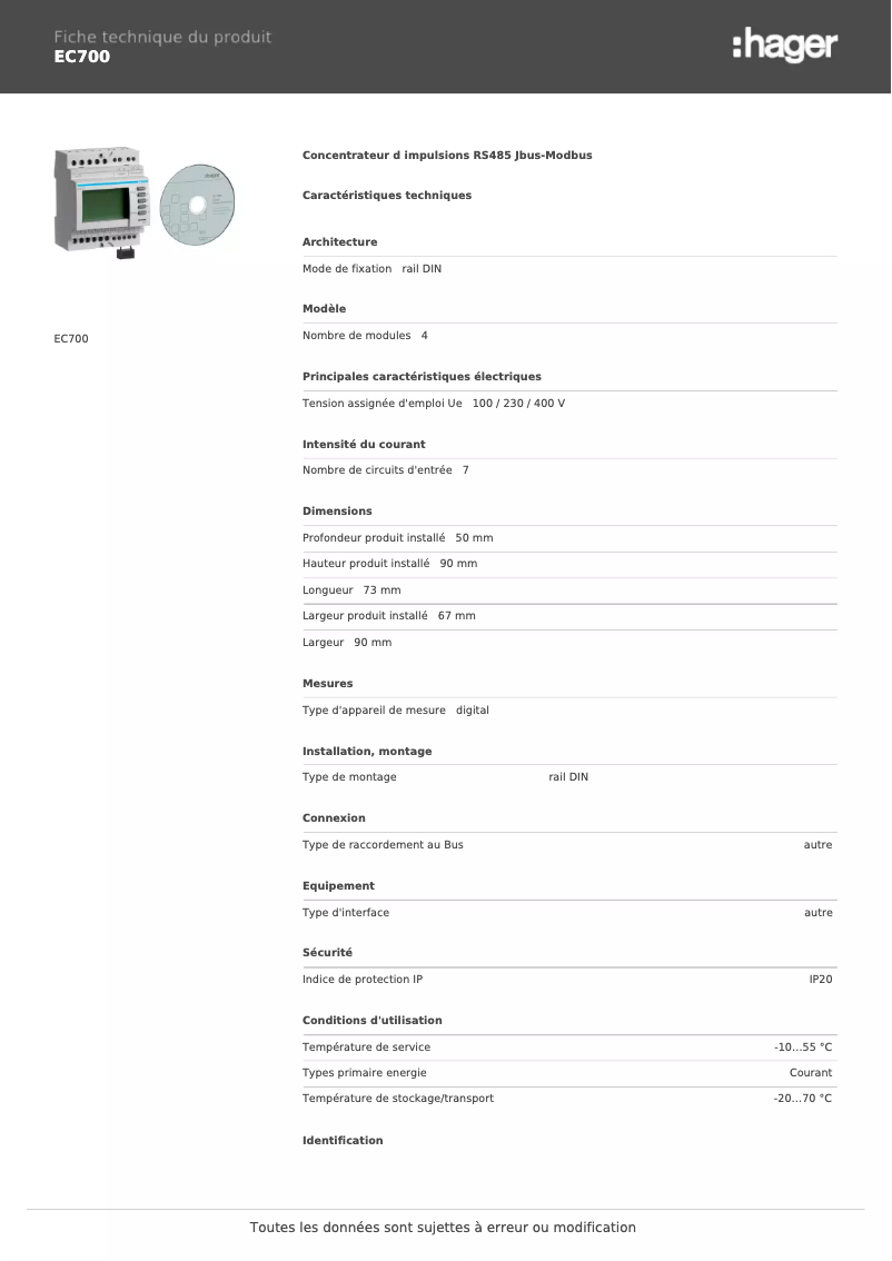 Page n°1 - Fiche technique Hager EC700