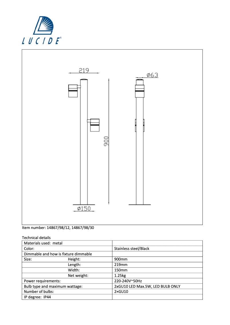 Page n°1 - Manuel utilisateur Lucide Arne 14867/98/12