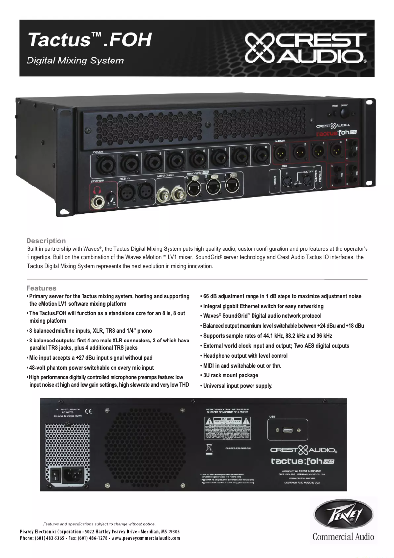 Page n°1 - Fiche technique Crest Audio Tactus .FOH