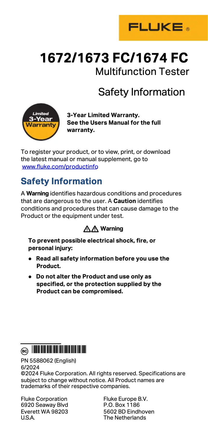 Page 1 de la notice Instructions de sécurité Fluke 1670