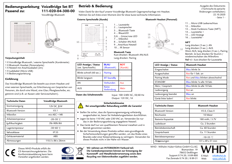 Image de la première page du manuel de l'appareil VoiceBridge Set BT