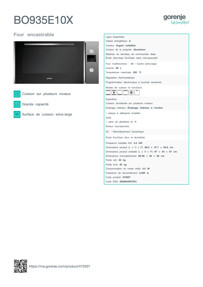 Page n°1 - Fiche technique Gorenje BO935E10X