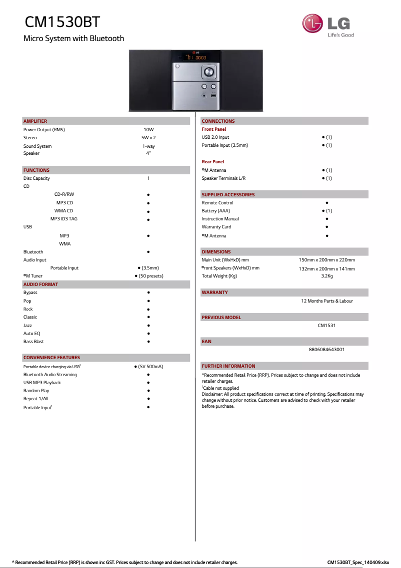 Page 1 de la notice Fiche technique LG CM1530BT