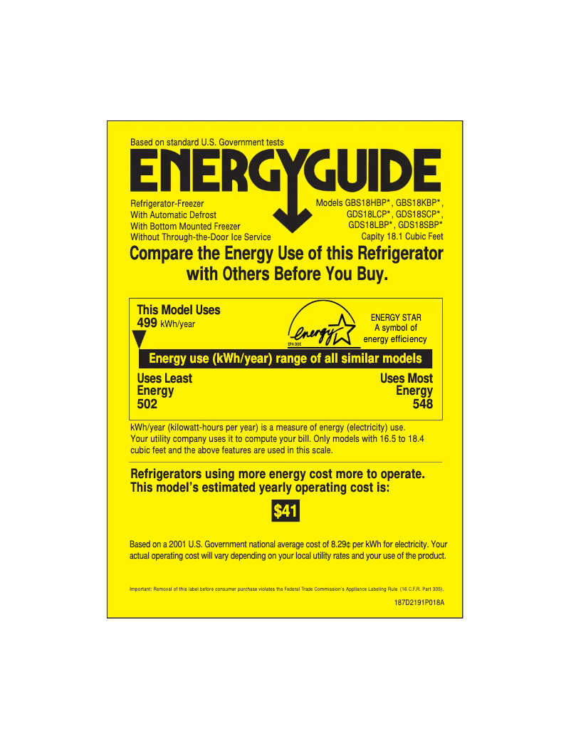 Page n°1 - Label énergétique GE GDS18LBPBB