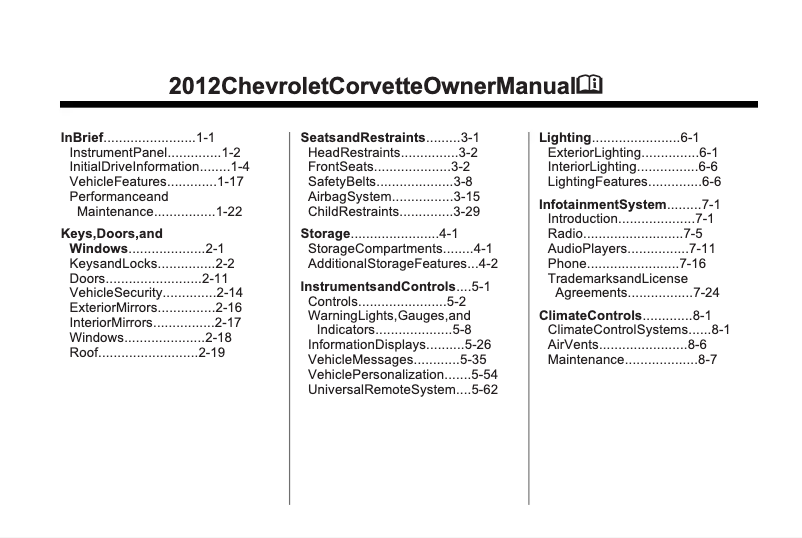 Page 1 de la notice Manuel utilisateur Chevrolet Corvette Coupé (2012)